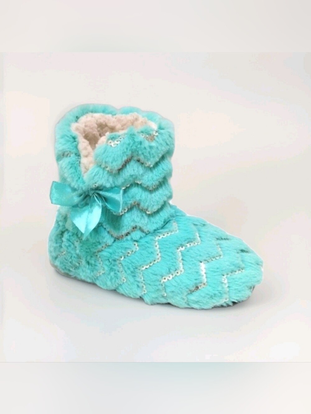 Total Girl Plush Faux Fur Slipper Boots Aqua Chevron Sequin House Shoes S/M